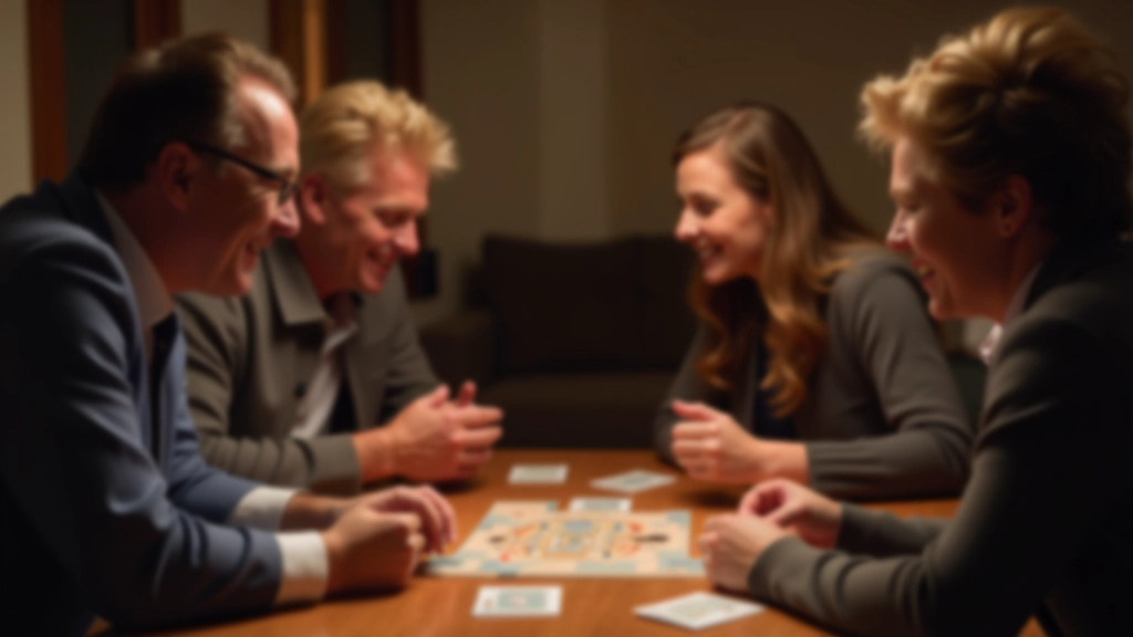Adults aged 40-60 sitting around table with game cards, laughing and engaged in friendly competition