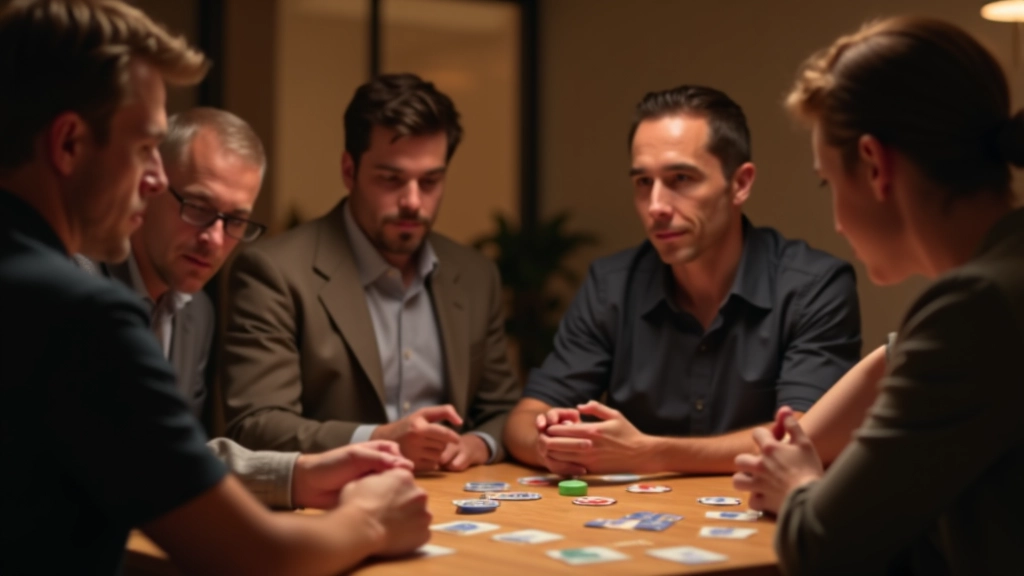 Group of adults aged 40-60 gathered around a table playing a social deduction game with focused expressions