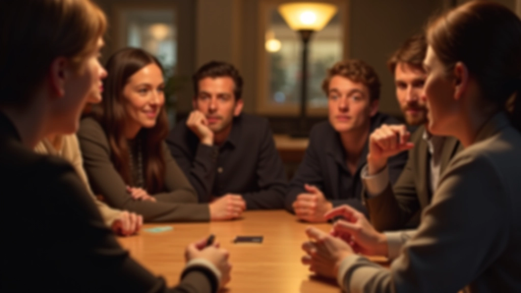 Group of adults engaged in animated discussion during Mafia game, showing expressions of concentration and strategic thinking
