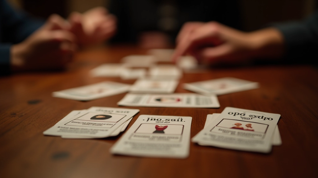 Close-up of Mafia game cards spread out on a table with players' hands visible in the background