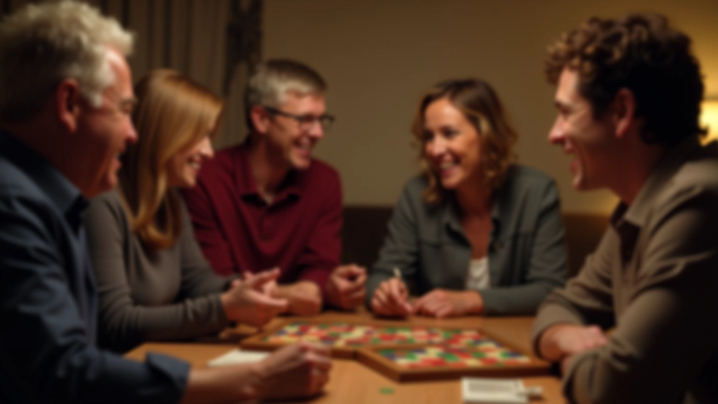 Evening game night event with diverse adults aged 40-60 gathered in living room, enjoying board games and socializing
