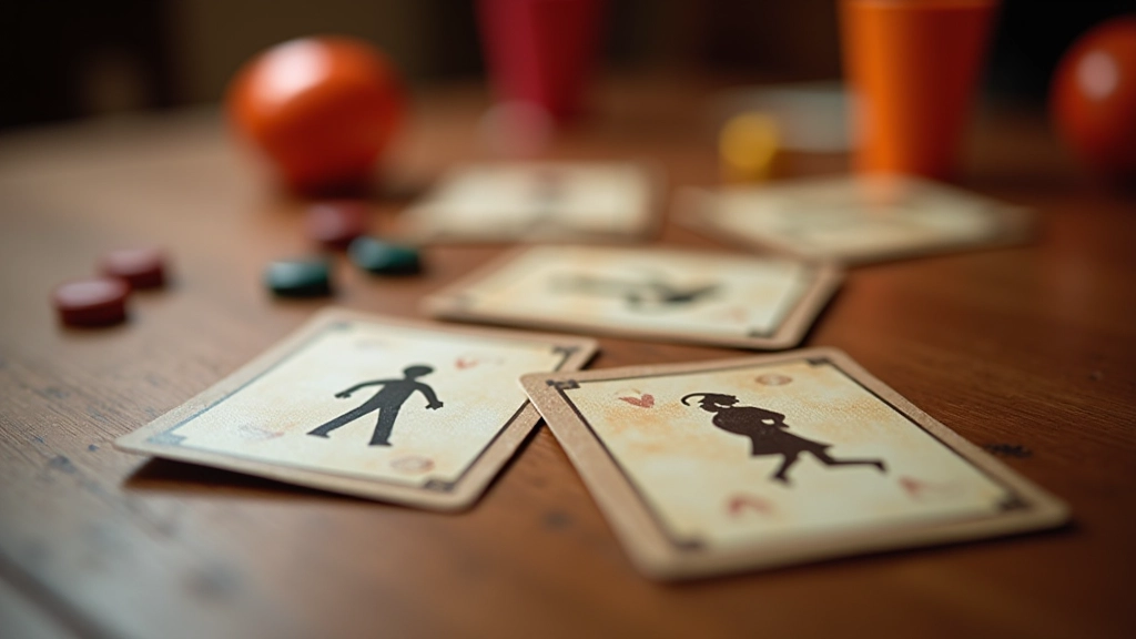 Close-up of role cards and game tokens spread on wooden table during active gameplay