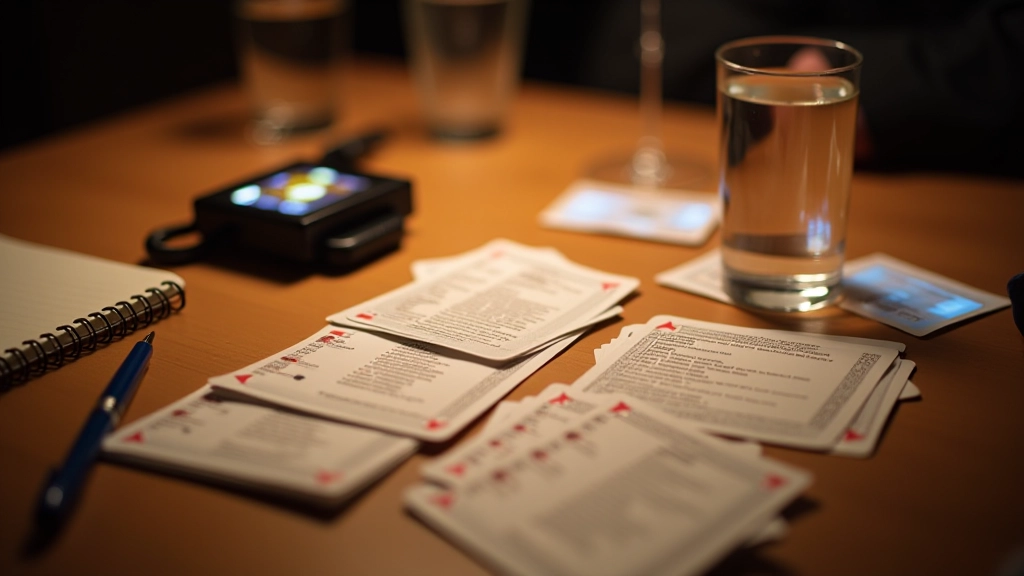 Organized game night setup showing printed Mafia cards, timer, notebook for tracking, and beverages arranged on a table