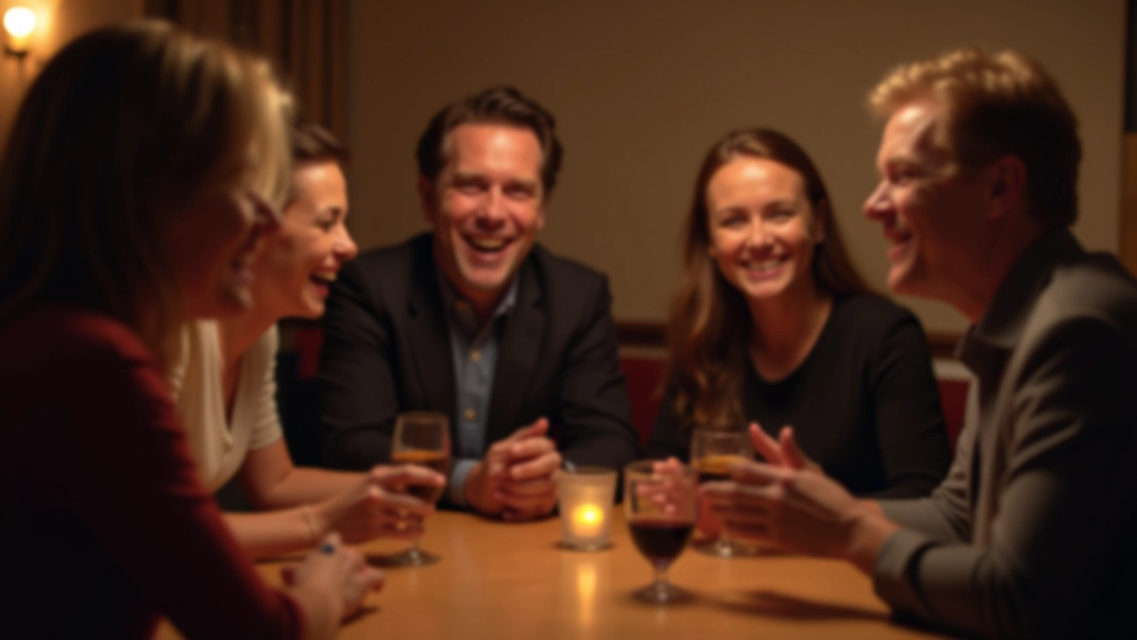 Group of adults laughing together around game table at evening game night event