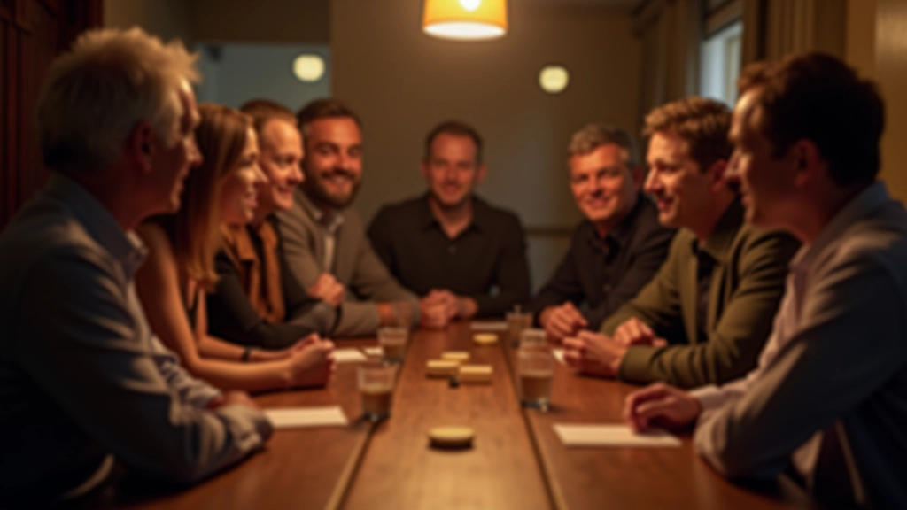 Adults gathered around table playing Mafia game with strategic intensity