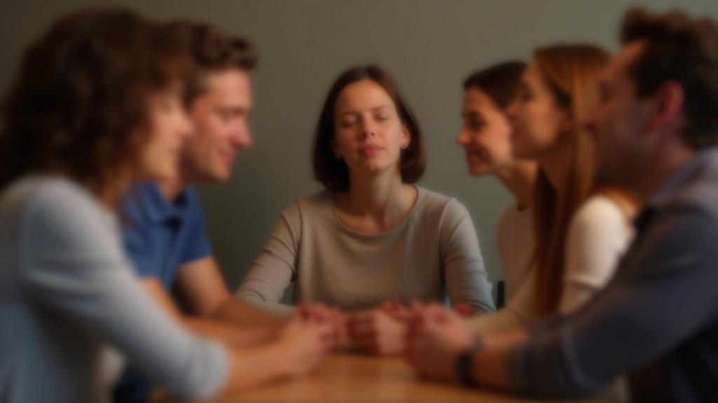 Players sitting around table with eyes closed during night phase of Mafia game, neutral lighting and calm atmosphere