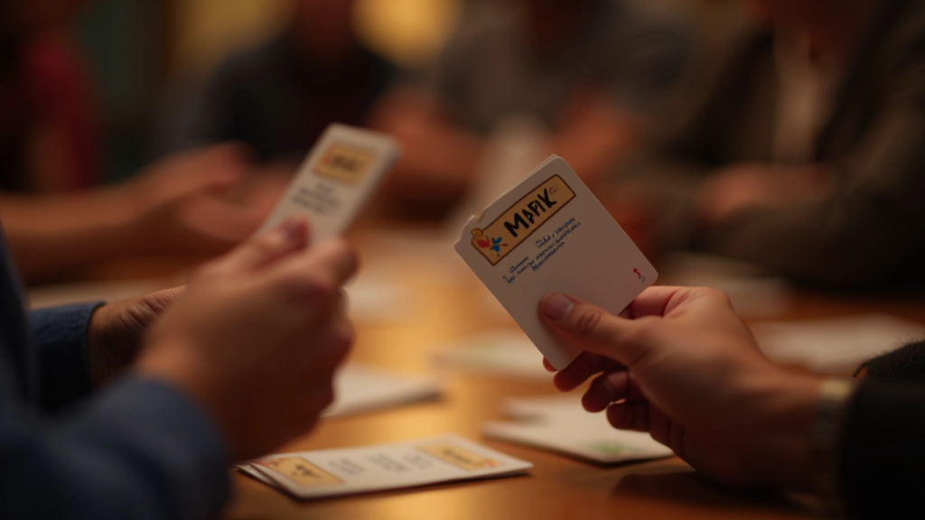 Close-up of hands holding role cards during game night, players concentrating on their cards and expressions